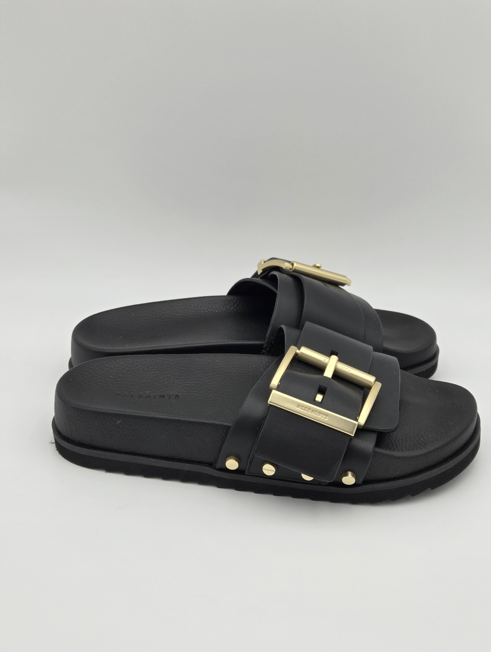 All Saints Ellie Studded Slide in Black Leather with Gold Accents Size 7 - Picture 3 of 7